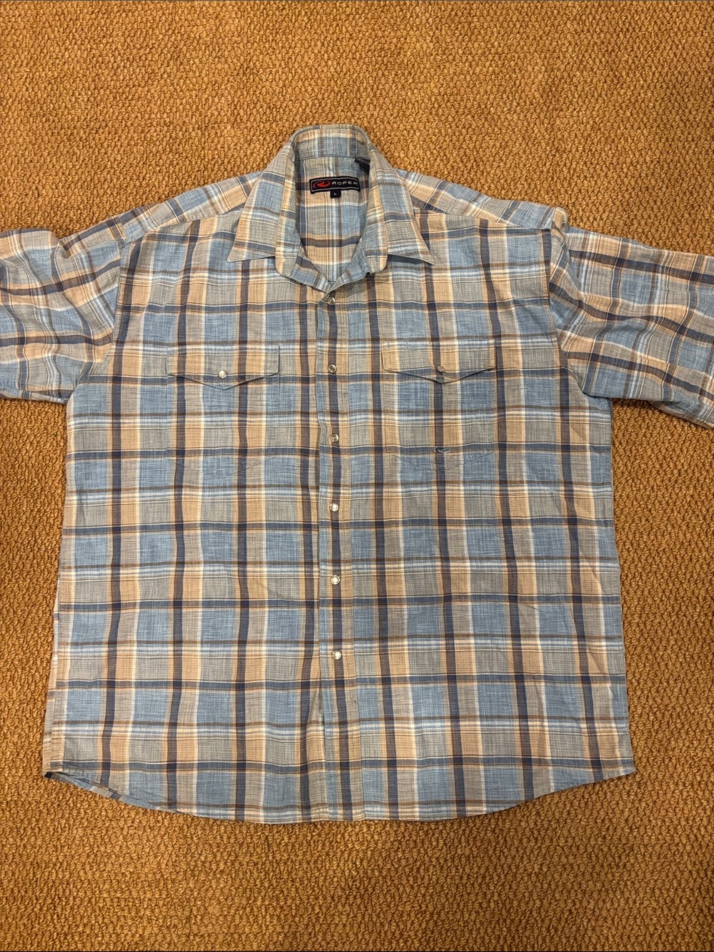 Roper Mens Western Pearl Snap Shirt Light Blue Plaid Striped Short Sleeve L